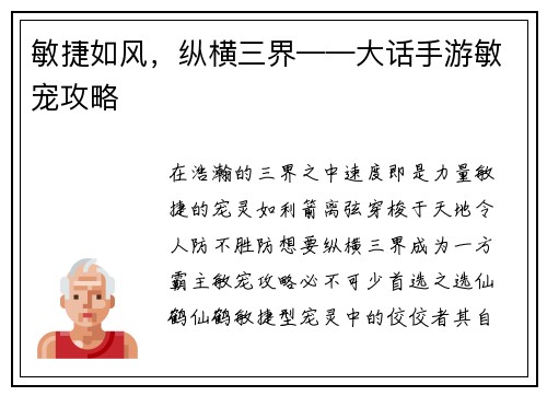 敏捷如风，纵横三界——大话手游敏宠攻略