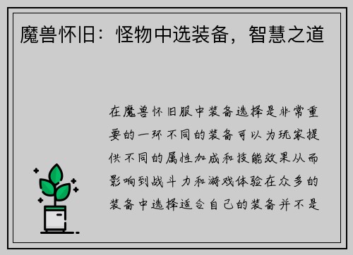 魔兽怀旧：怪物中选装备，智慧之道