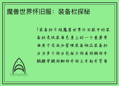 魔兽世界怀旧服：装备栏探秘